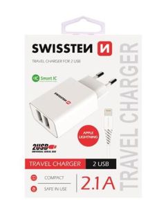 SWISSTEN SÍŤOVÝ ADAPTÉR SMART IC, CE 2x USB 2,1 A POWER BÍLÝ + DATOVÝ KABEL SWISSTEN USB / LIGHTNING 1,2 M BÍLÝ
