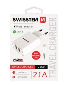 SWISSTEN SÍŤOVÝ ADAPTÉR SMART IC, CE 2x USB 2,1 A POWER BÍLÝ + DATOVÝ KABEL SWISSTEN USB / LIGHTNING 1,2 M BÍLÝ