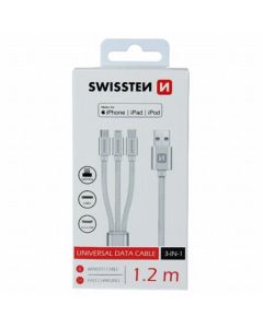 SWISSTEN DATOVÝ KABEL TEXTILE 3in1 MFi 1,2 M STŘÍBRNÝ