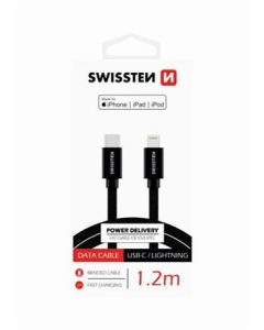 SWISSTEN DATOVÝ KABEL TEXTILE USB-C / LIGHTNING MFi 1,2 M ČERNÝ