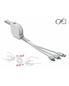 Delock Zatažitelný kabel USB 3 in 1 pro konektory osmipinový / Micro USB / USB Type-C™, bílý 