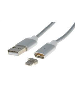PremiumCord Magnetický micro USB 2.0, A-B nabíjecí a datový kabel 1m, stříbrný