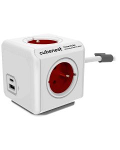 Cubenest Powercube Extended USB PD 20W, A+C, 4× zásuvka, 1,5m, bílá/červená, dětská pojistka, uzemnění, dok, 10A/250V