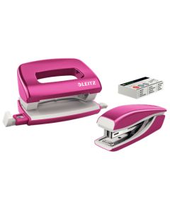 LEITZ Set mini sešívačky a děrovačky  WOW, metalická růžová
