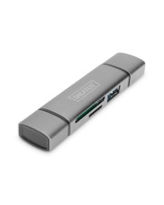 Digitus dvojitá čtečka karet OTG (USB-C + USB 3.0) 1x SD, 1x MicroSD, 1x USB 3.0, šedá