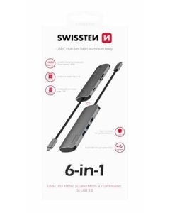 SWISSTEN USB-C HUB 6-IN-1 (USB-C PD, 3x USB 3.0, SD, MICRO SD) ALUMINIUM