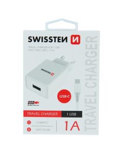 SWISSTEN SÍŤOVÝ ADAPTÉR SMART IC 1x USB 1A POWER + DATOVÝ KABEL USB / TYPE C 1,2 M BÍLÝ