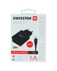SWISSTEN SÍŤOVÝ ADAPTÉR SMART IC 1x USB 1A POWER + DATOVÝ KABEL USB / TYPE C 1,2 M ČERNÝ