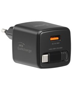 Swissten Síťový Adaptér Slidecharge GaN 30W, 1x USB-A 18W Se Zatahovacím USB-C Kabelem 0,75m Černý