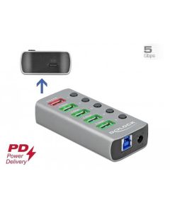 Delock Rozbočovač USB 3.2 Gen 1 se 4 porty + 1 rychlonabíjecím portem + 1 portem USB-C™ PD 3.0 s přepínačem a osvětlením