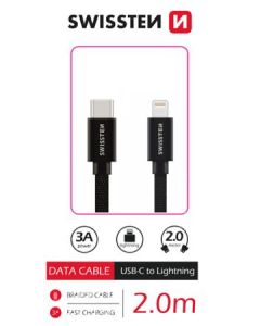 SWISSTEN DATOVÝ KABEL TEXTILE USB-C / LIGHTNING 2,0 M ČERNÝ