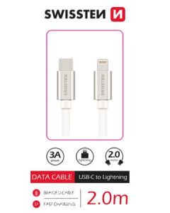 SWISSTEN DATOVÝ KABEL TEXTILE USB-C / LIGHTNING 2,0 M STŘÍBRNÝ