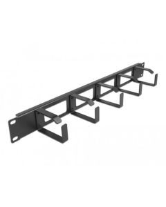 Delock 19” vyvazovací panel pro správu kabelů, 4 otvory a 5 háčky, 1U, černý