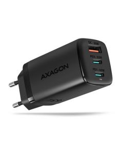 AXAGON ACU-DPQ65, GaN nabíječka do sítě 65W, 3x port (USB-A + dual USB-C), PD3.0/QC4+/PPS/Apple, černá