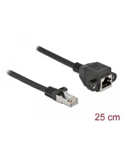 Delock Prodlužovací síťový kabel, ze zástrčky S/FTP RJ45 na zásuvku RJ45, Cat.6A, délka 25 cm, černý