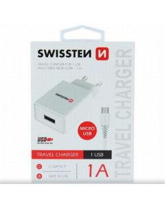 SWISSTEN SÍŤOVÝ ADAPTÉR SMART IC 1x USB 1A POWER + DATOVÝ KABEL USB / MICRO USB 1,2 M BÍLÝ