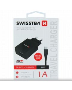 SWISSTEN SÍŤOVÝ ADAPTÉR SMART IC 1x USB 1A POWER + DATOVÝ KABEL USB / MICRO USB 1,2 M ČERNÝ