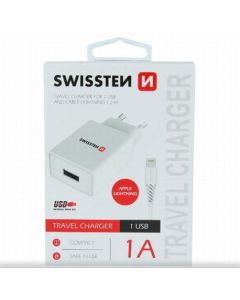 SWISSTEN SÍŤOVÝ ADAPTÉR SMART IC 1x USB 1A POWER + DATOVÝ KABEL USB / LIGHTNING 1,2 M BÍLÝ