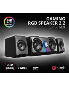 C-TECH reproduktory SPK-16, 2.2, 16W,  RGB podsvícení, 3,5mm jack, USB napájení, černé