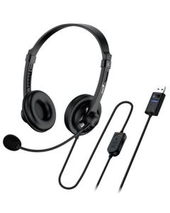 Genius headset - HS-230U, náhlavní, drátový, s mikrofonem, ovládání hlasitosti, délka kabelu 2,4m, USB, černý