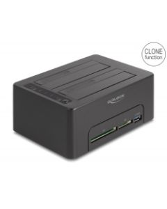 Delock Duální USB dokovací stanice pro 2 x HDD / SSD SATA s funkcí klonování a čtečkou karet + přídavný port USB
