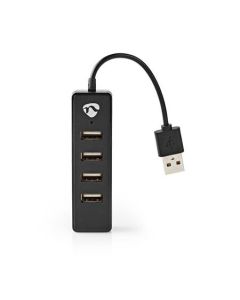 Nedis UHUBU2420BK - Počítačový Rozbočovač | USB-A Zástrčka | 4x USB A Female | 4 Porty | USB 2.0 | Napájení z USB