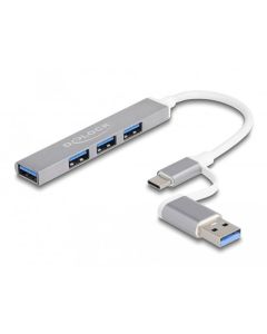 Delock 4 portový tenký USB Hub s USB Type-C™ nebo USB Typu-A na 3 x USB 2.0 Typ-A samice + 1 x USB 5 Gbps Typ-A samice