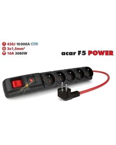Acar F5 3m kabel, 5 zásuvek, přepěťová ochrana, max.proud 16A, černý