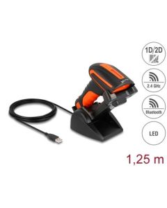 Delock Průmyslová čtečka 1D a 2D čárových kódů pro 2,4 GHz nebo Bluetooth s indukční nabíjecí stanicí