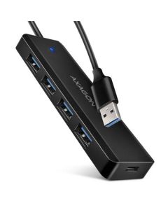 AXAGON HUE-C1A cestovní čtyřportový USB-A 5Gbps hub/USB-C konektor pro externí napájení/kabel 19 cm