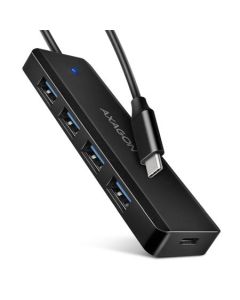 AXAGON HUE-C1C cestovní čtyřportový USB-C 5Gbps hub/USB-C konektor pro externí napájení/kabel 19 cm