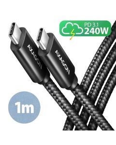 AXAGON BUCM2-CM10AB, CHARGE kabel USB-C <-> USB-C, 1m, Hi-Speed USB, PD 240W 5A, ALU, oplet, černý