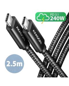 AXAGON BUCM2-CM25AB, CHARGE kabel USB-C <-> USB-C, 2,5m, Hi-Speed USB, PD 240W 5A, ALU, oplet, černý