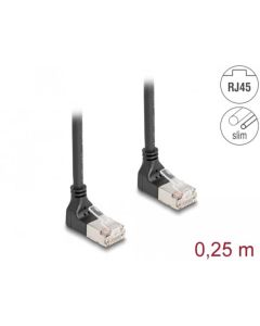 Delock Síťový kabel rozhraní RJ45, Cat.6A, S/FTP, Slim, zalomený nahoru / nahoru o 90°, 0,25 m, černý