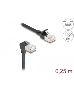 Delock Síťový kabel RJ45 Cat.6A S/FTP, Slim, zalomený dolů o 90° / přímý, 0,25 m, černý
