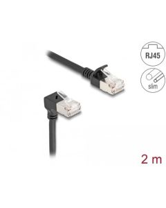Delock Síťový kabel RJ45 Cat.6A S/FTP, Slim, zalomený dolů o 90° / přímý, 2 m, černý