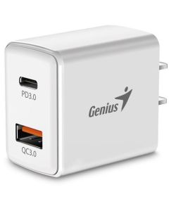 Genius PD-20AC, Napájecí adaptér, síťová nabíječka, 1× USB, 1× USB-C, 3A, Quick Charge 3.0, PD 3.0, 20W,100–240V, Bílá