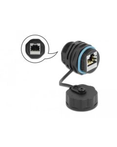 Delock Konektor kabelu ze zásuvkového RJ45 na zásuvkový RJ45, kategorie 6A s ochranným víčkem, vodotěsný