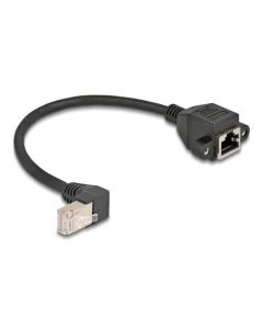 Delock Síťový prodlužovací kabel ze zástrčky S/FTP RJ45, pravoúhlý (90°), na integrovanou zásuvku RJ45, Cat.6A, 0,25 m, 
