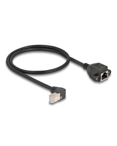 Delock Síťový prodlužovací kabel ze zástrčky S/FTP RJ45, pravoúhlý (90°), na integrovanou zásuvku RJ45, Cat.6A, 0,5 m, černý