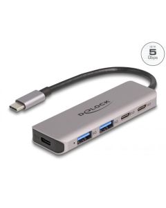 Delock Dvouportový rozbočovač sítě USB 5 Gbps se dvěma porty USB Type-C™, se dvěma porty Typu-A a s konektorem USB Type-C™