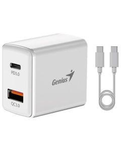 Genius PD-20ACP, Napájecí adaptér, univerzální, 20W, 1× USB-C, 1× USB, PD 3.0, QC 3.0, bílý + 1m USB-C kabel