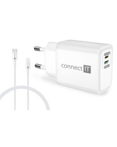 CONNECT IT DUPLEX Nabíjecí adaptér 1xLightning + 1×USB-C, 20W, kabel 27W, BÍLÝ