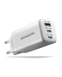 AXAGON ACU-DPQ65W, GaN nabíječka do sítě 65W, 3x port (USB-A + dual USB-C), PD3.0/QC4+/PPS/Apple, bílá