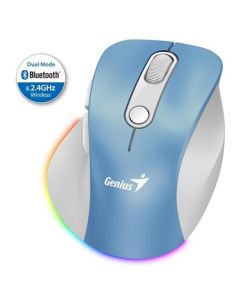 Genius Ergo 9000S Pro Myš, bezdrátová, optická, 2400DPI, 6 tlačítek, BT, 2,4GHz, USB-C nabíjení, tichá, 7barevné podsv.,modrobílá