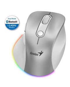 Genius Ergo 9000S Pro Myš, bezdrátová, optická, 2400DPI, 6 tlačítek, BT, 2,4GHz, USB-C nabíjení, tichá, 7barevné podsv.,stříbrná