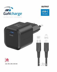 SWISSTEN SÍŤOVÝ ADAPTÉR GaN 1x USB-C 35W POWER DELIVERY ČERNÝ + DATOVÝ KABEL USB-C/LIGHTNING 1,2 M ČERNÝ