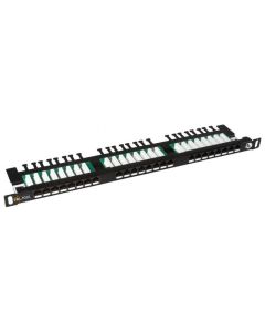 Solarix 19" Patch panel 24xRJ45 CAT5E UTP s vyvaz.lištou černý 0,5U, SX24HD-5E-UTP-BK