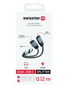SWISSTEN NABÍJECÍ AUDIO ADAPTÉR TEXTILE USB-C (samec) / 2x USB-C (samice) 0,12 M ČERNÝ
