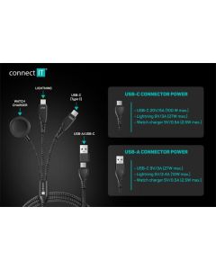 CONNECT IT Wirez 6in1 1x USB-C 1x Lightning 1x Watch charger 1,25 m ČERNÝ